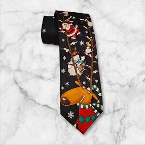 Men’s Black Christmas Novelty Tie Santa Snowmen & Reindeer Holiday Design